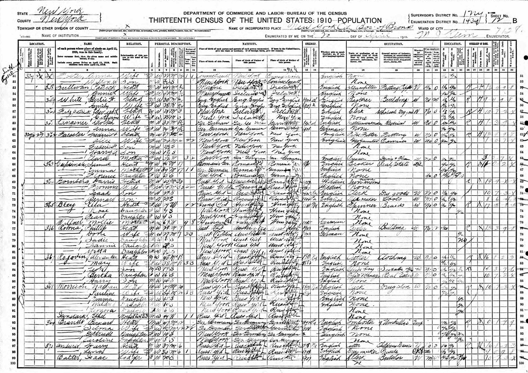 1910 US Federal Census -- Andurer family in Bronx, NY