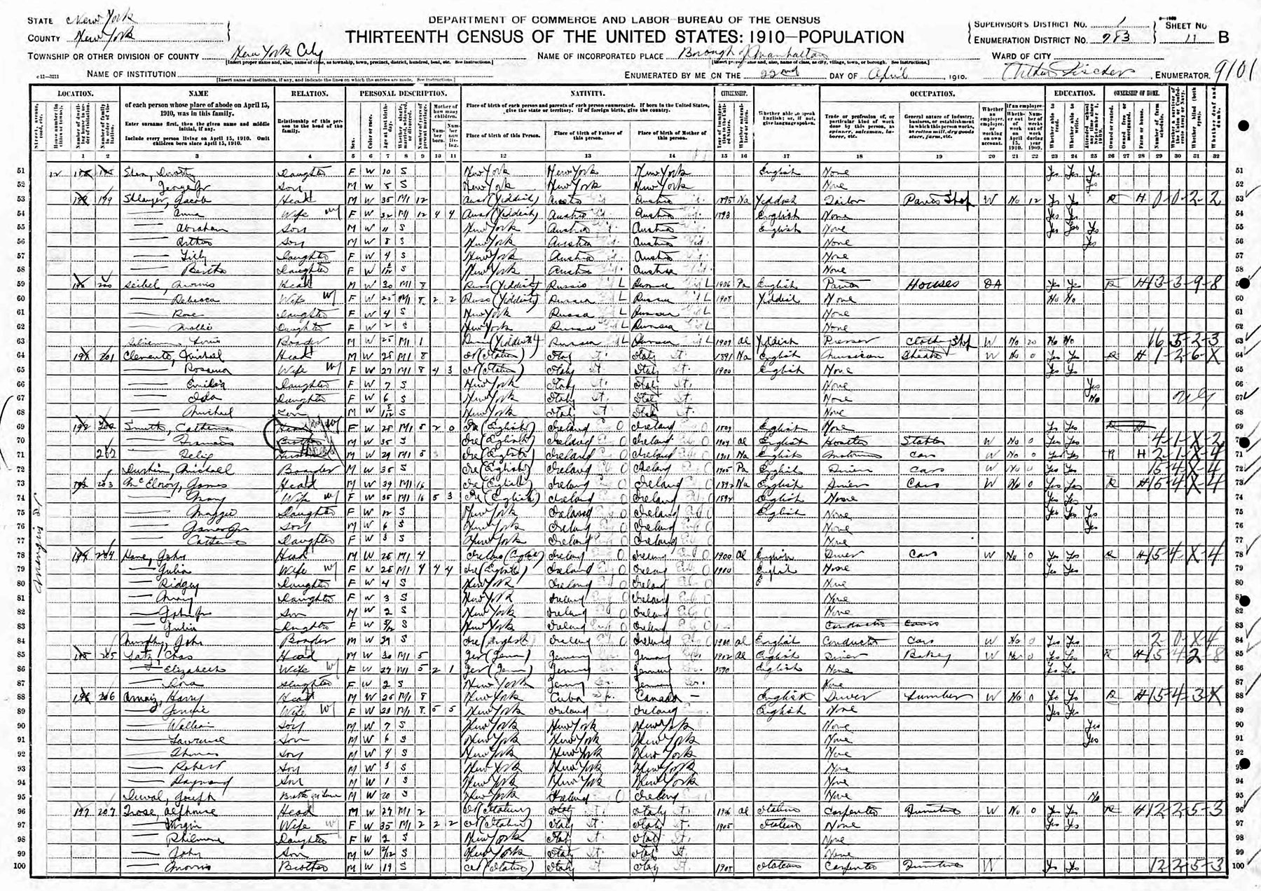 1910 US Federal Census - Morris Seibel family in Manhattan, NY